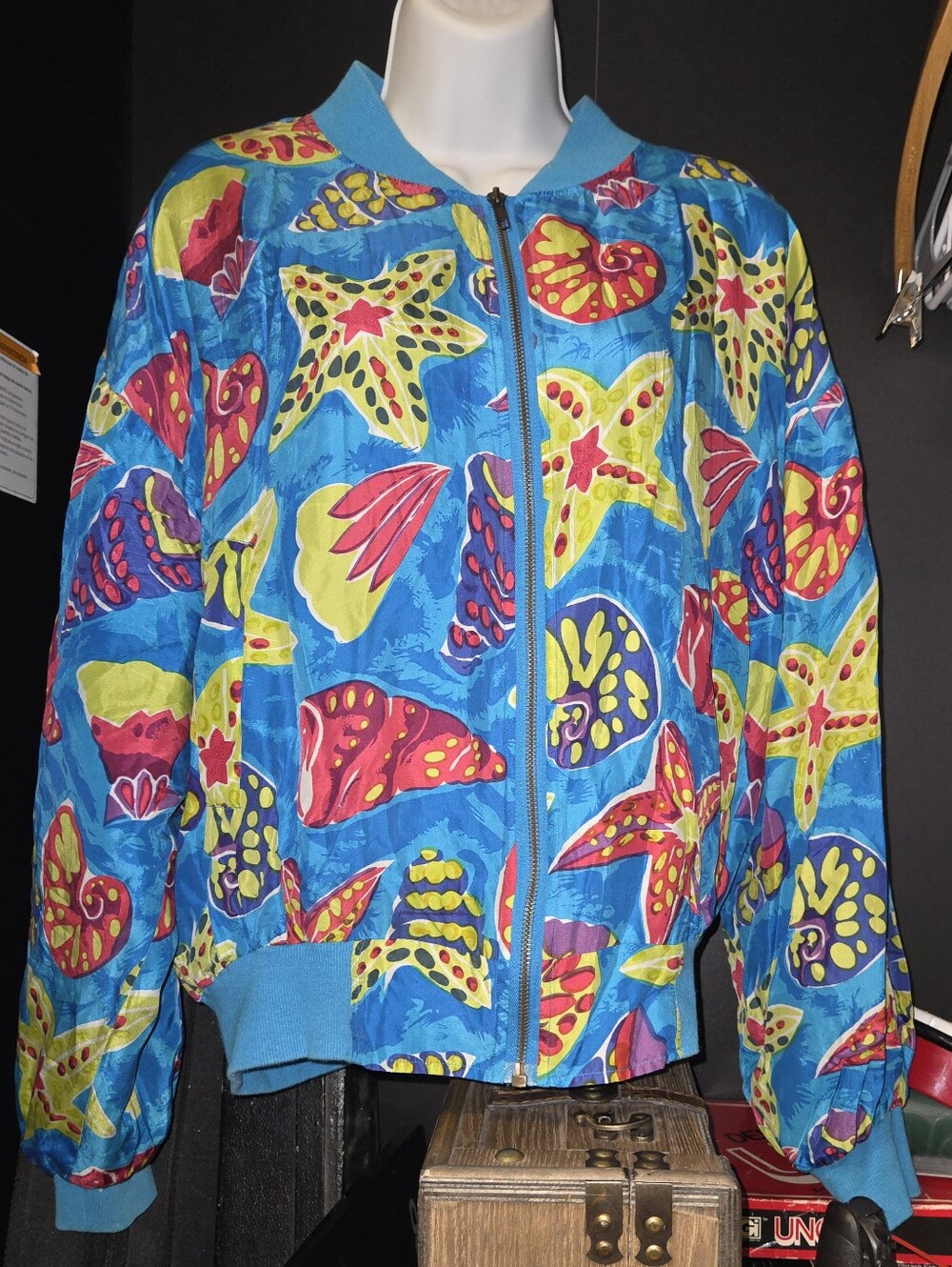 ​Vintage 90s Carol Horn Silk Bomber Jacket | Tropical Seashell Starfish Print